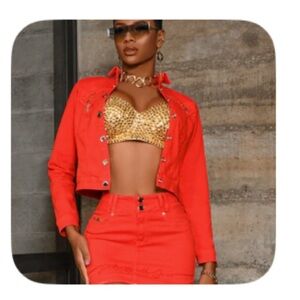 Vibrant Orange Jacket and Skirt Ensemble